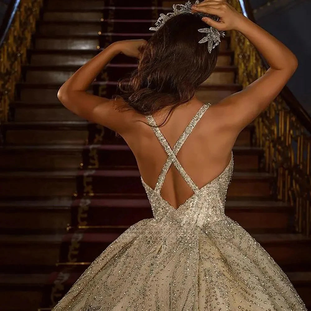 Impresionante vestido de novia con bola de cristal y diamantes, vestido de novia con cuentas, vestido de novia brillante hasta el suelo, vestido de novia