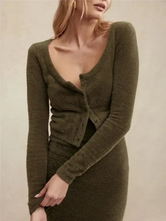 Cárdigan de mohair sexy de otoño de Oligai, suéteres recortados de punto vintage a la moda para mujer, top informal de manga larga con botones y crochet