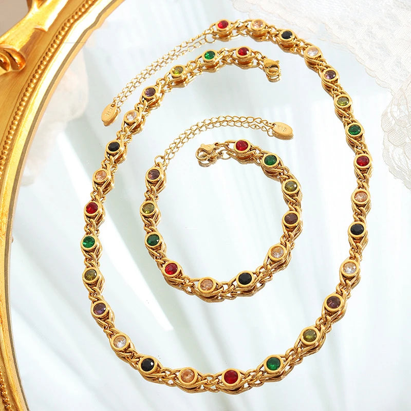 Colorful Zircon Necklace Bracelet Fashion Niche Fish Eye Stitching Chain Jewelry Set Copper Waterproof Gold Plated Accessories