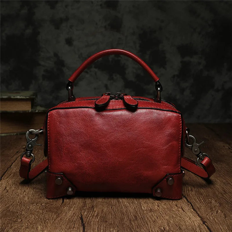 2022 New Retro Literary Handmade Leather Small Square Bag Double Zipper One Shoulder Diagonal Bag Hand-held Small Box Bag Female