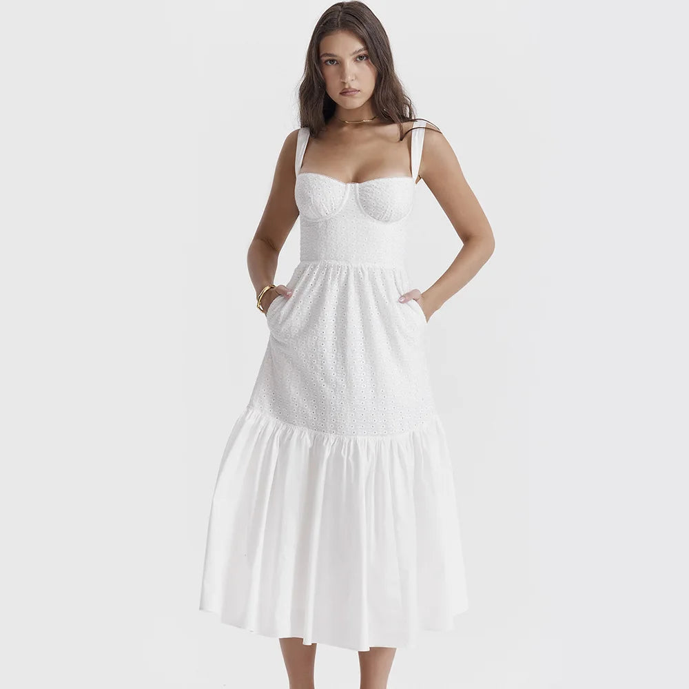 Robe d'été décontractée blanche Oligai élégante mi-longue à bretelles spaghetti robes de soirée joli anniversaire vacances vêtements pour femmes