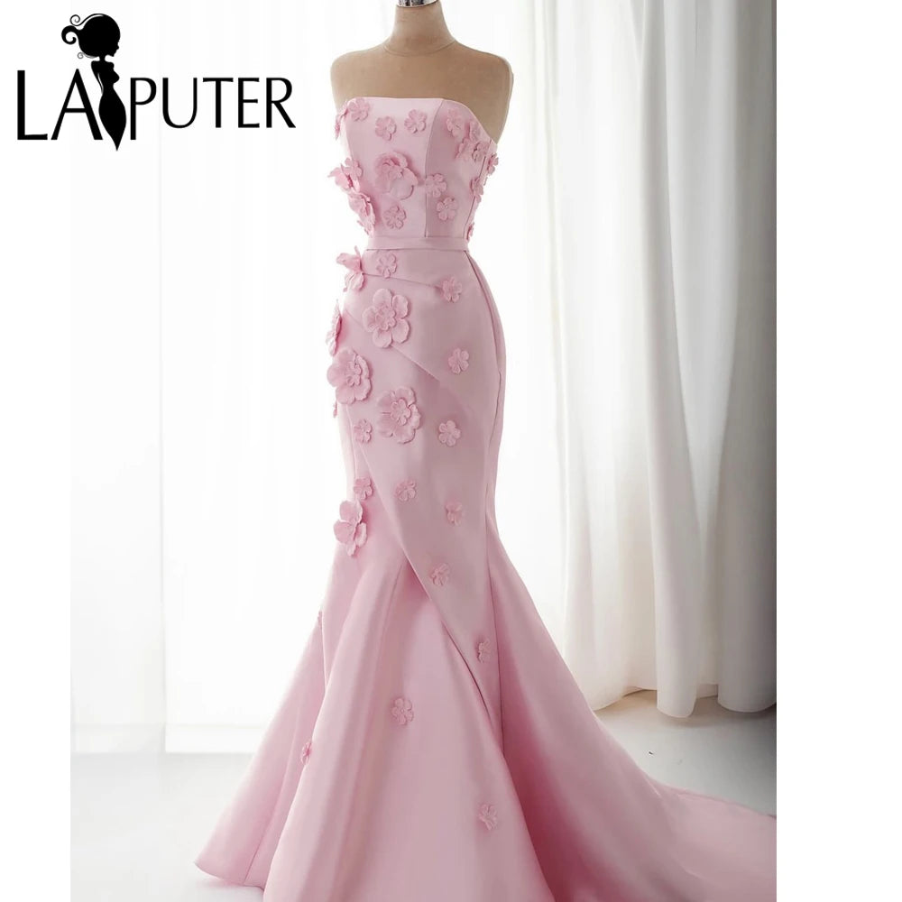 Vestido de noche de celebridades rosa con flores en 3D, hombros descubiertos, 2 en 1, vestido de fiesta de satén con cola grande y estrellas, vestido formal para mujer