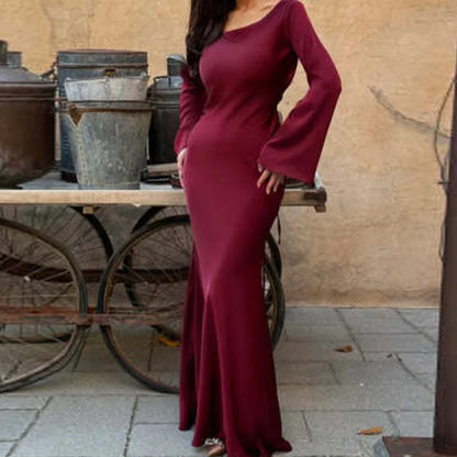 Women Back Lace-up Slim Fit Dresses Fashion Solid Color Floor-length Dress Female Commuter Party Gown Flared Long Sleeves Frock