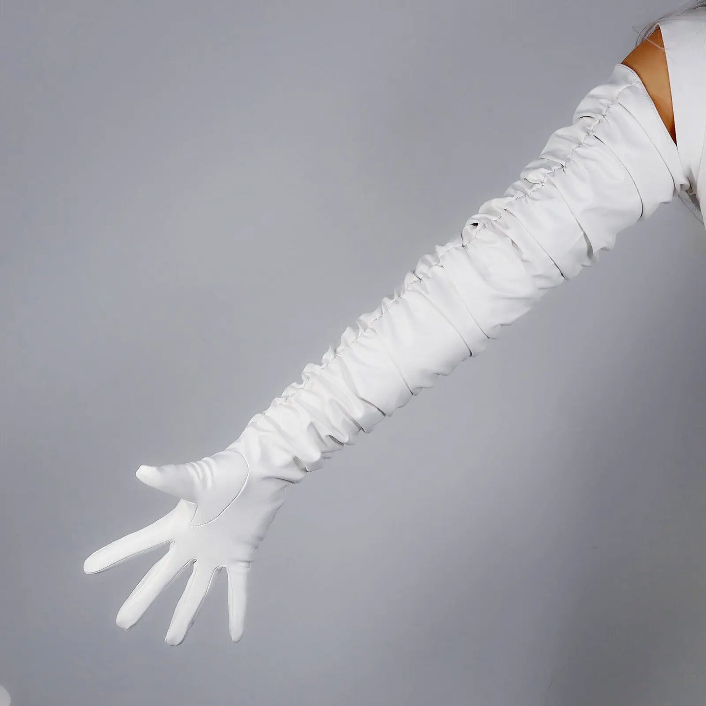 Women's White Leather Opera GLOVES RUCHED Pleated 100cm Super Long Faux PU 40" FITTED Fashion Costume Evening Cosplay Halloween