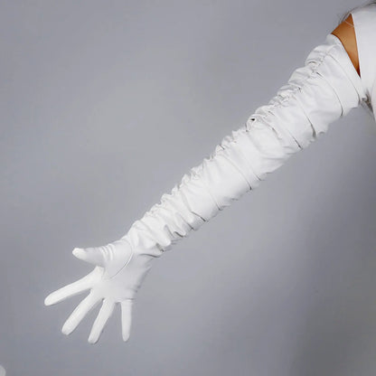 Gants d'opéra en cuir blanc pour femmes froncés plissés 100 cm super longs en similicuir 40" ajustés mode costume soirée cosplay Halloween