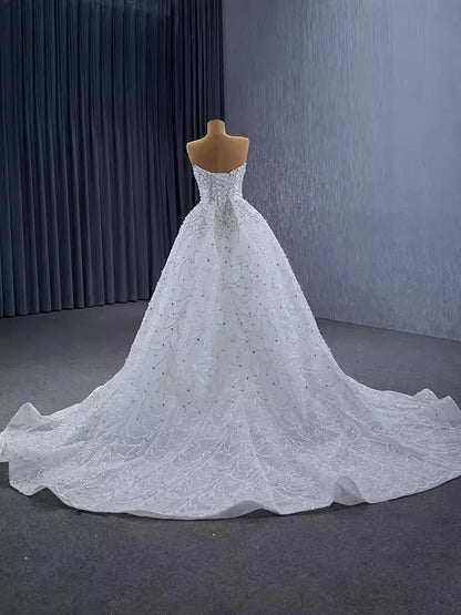 Vestidos de novia de lujo de Arabia Saudita con cola desmontable, escote en V, corsé con perlas de cristal, vestido de novia, vestidos de novia