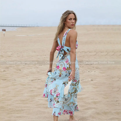 Australian niche noblewoman holiday style silk blue printed V-neck sleeveless waisted dress long dress