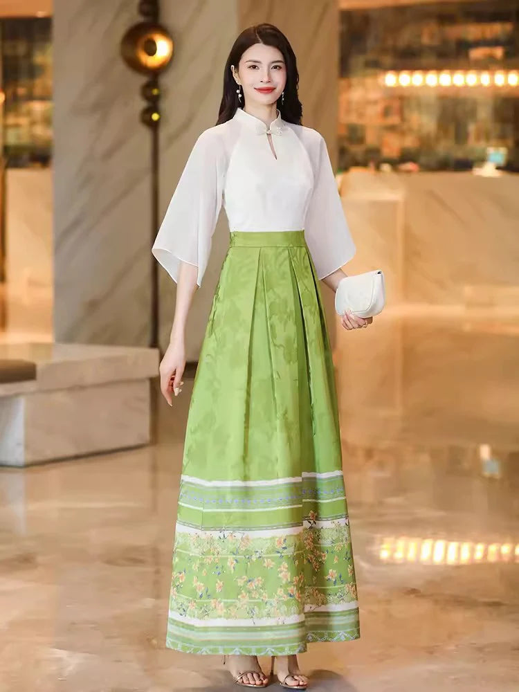 New Women Summer Chinese Style Dress Fashion Cheongsam Stand Collar Slim Waist Chinese Palace Style Dress Elegant Long Dress