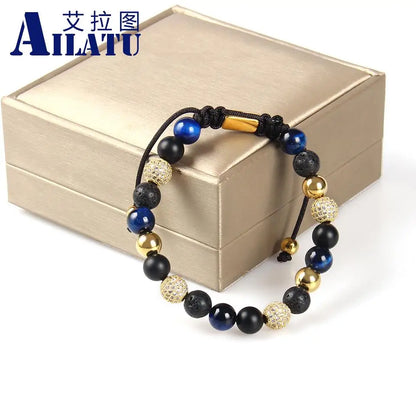 Ailatu 10 Pieces Men's Brand Jewelry 8mm Cz Ball Macrame Bracelets Natural Stone Beads Free Logo Service