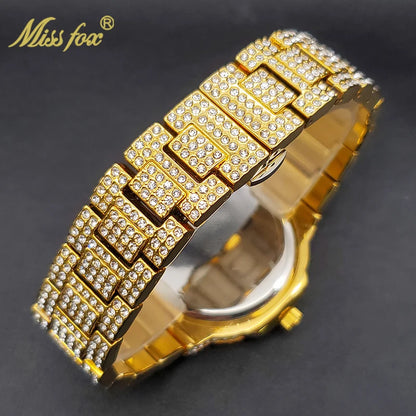 Montre en or pour hommes, montres à quartz élégantes avec diamants glacés, style hip-hop, pour hommes, double cadran, montres-bracelets robustes et étanches, été