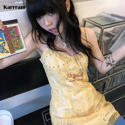 Vestido de encaje con estética Y2k de Karrram, minivestido con tirantes finos de estilo Fairycore, vestidos cortos japoneses vintage de los años 2000, vestidos de fiesta Lolita