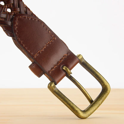 Ceinture en cuir véritable pour homme, sangle tricotée, ceinture tressée vintage de créateur pour jeans, sans trous, ceintures de haute qualité