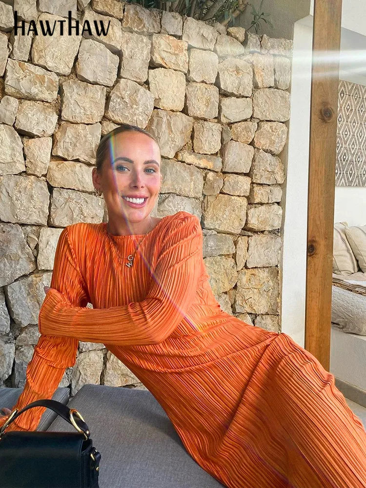 Hawthaw - Vestido midi ajustado de manga larga para mujer, color naranja, para otoño, 2022, artículos al por mayor para empresas