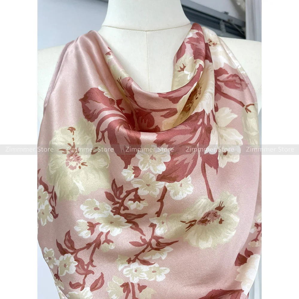 Vestidos largos de seda sexys sin espalda y cuello alto con estampado rosa de temperamento de alta calidad