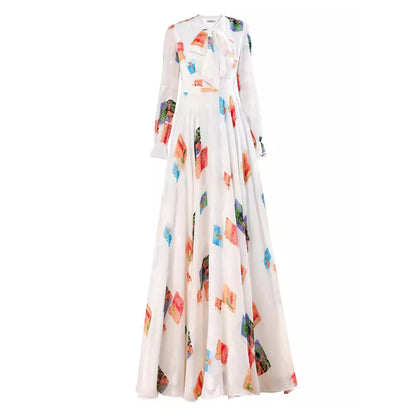 New Women Spring Autumn Print Chiffon Dress Fashion Ribbon Collar Long Sleeve High Waist Dress Elegant Flowing Slim Long Dress