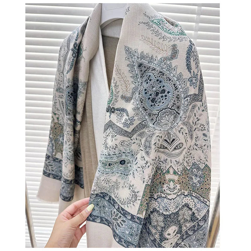 Paisley Print Wool Scarves Wraps Bohemia Style Womens Large Square Wool Shawl Poncho Luxury Diamond Jacquard 135X135CM