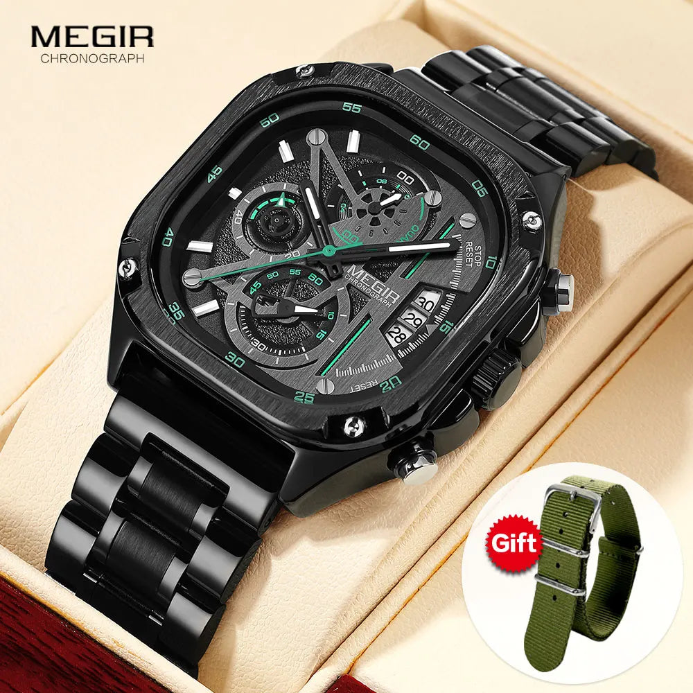 Reloj de cuarzo negro MEGIR para hombre, resistente al agua, con esfera cuadrada, cronógrafo, correa de acero inoxidable, agujas luminosas y fecha automática