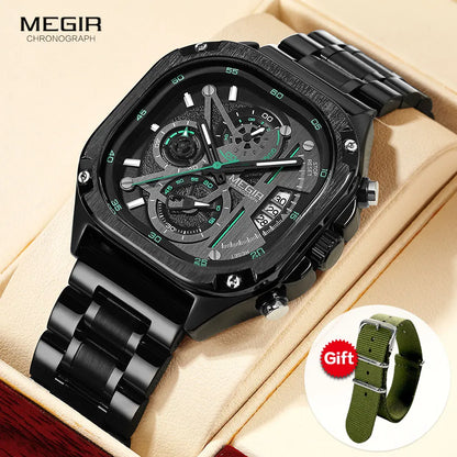 MEGIR Black Quartz Watch Men Waterproof Square Dial Wristwatch with Chronograph Stainless Steel Strap Luminous Hands Auto Date