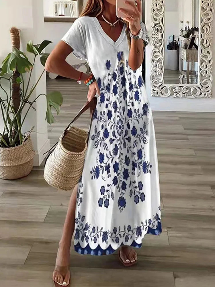 Geometric Irregular Printed T-shirt Long Dress Women's Summer Round Neck Short Sleeve A-line Dress Casual Vacation Robe