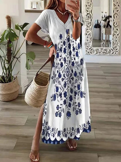 Vestido largo con estampado geométrico irregular para mujer, vestido informal de verano con cuello redondo y manga corta, estilo acampanado, para vacaciones