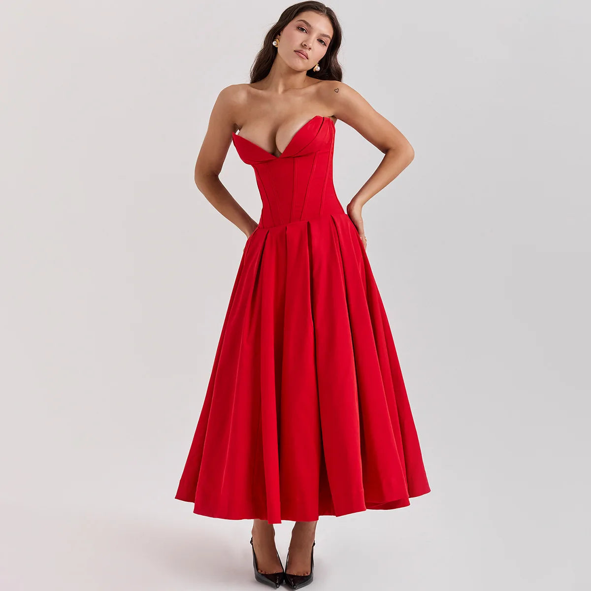 Mingmingxi Elegant Strapless Formal Occasion Dress Summer Midi Birthday Party Dresses Red Wedding Guess Dress Women's Clothing