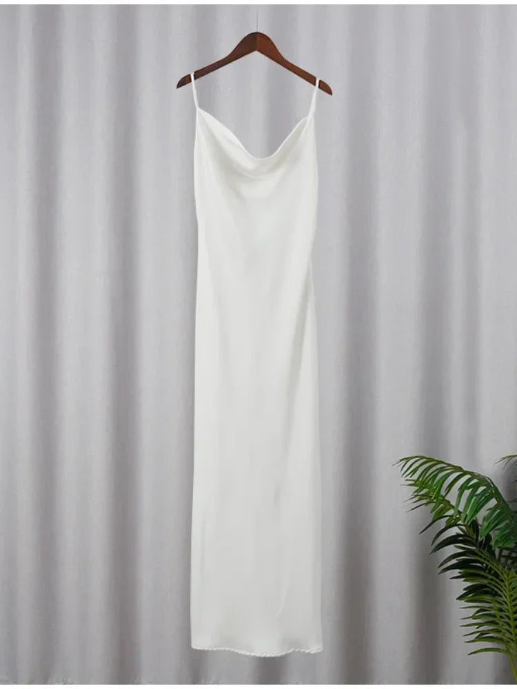 Elegant Backless Satin Women Long Dress Sexy Sleeveless U-neck Slim White Maxi Dresses 2024 Summer Female Beach Party Robes