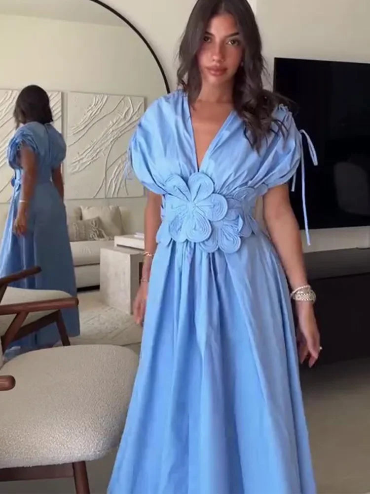 Women Summer Elegant Pleated Bow V Neck Blue Long Dresses 2024 New Sleeveless Wrapped Waist Maxi Dress Lady Vacation Party Robe