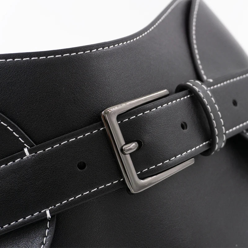 Top-stitched waist seal leather women's wide waistband black pin buckle fashion soft leather dress decorative belt