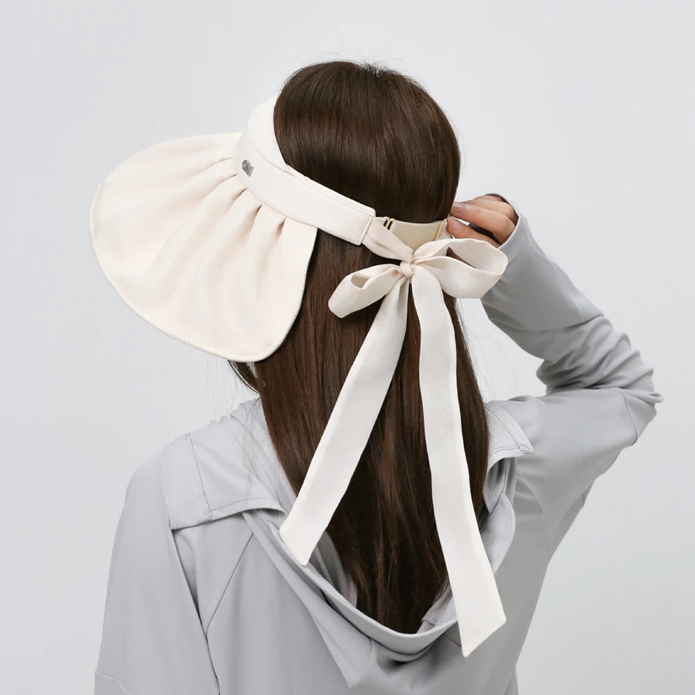 OhSunny - Gorro con cinta para la cabeza con tiras para atar, plegable, con forma de concha, para mujer, 2024, protección facial completa, parte superior vacía, ala grande, sombrero de playa anti-UV