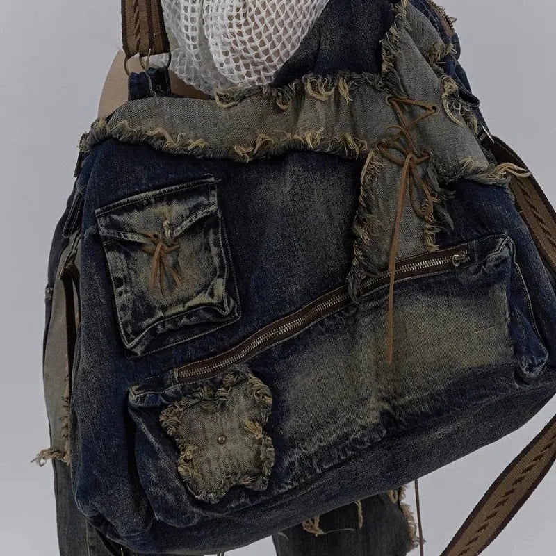 Bolso de hombro MBTI Denim Y2k para mujer, estilo vintage, desgastado, estilo mensajero, de gran capacidad, estilo americano