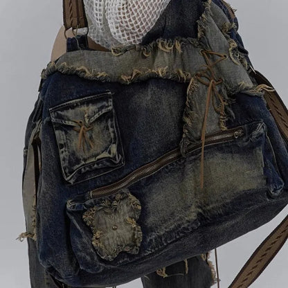 Sac à bandoulière en denim MBTI Y2k pour femme, sac messager vintage délavé et vieilli, grande capacité, style américain