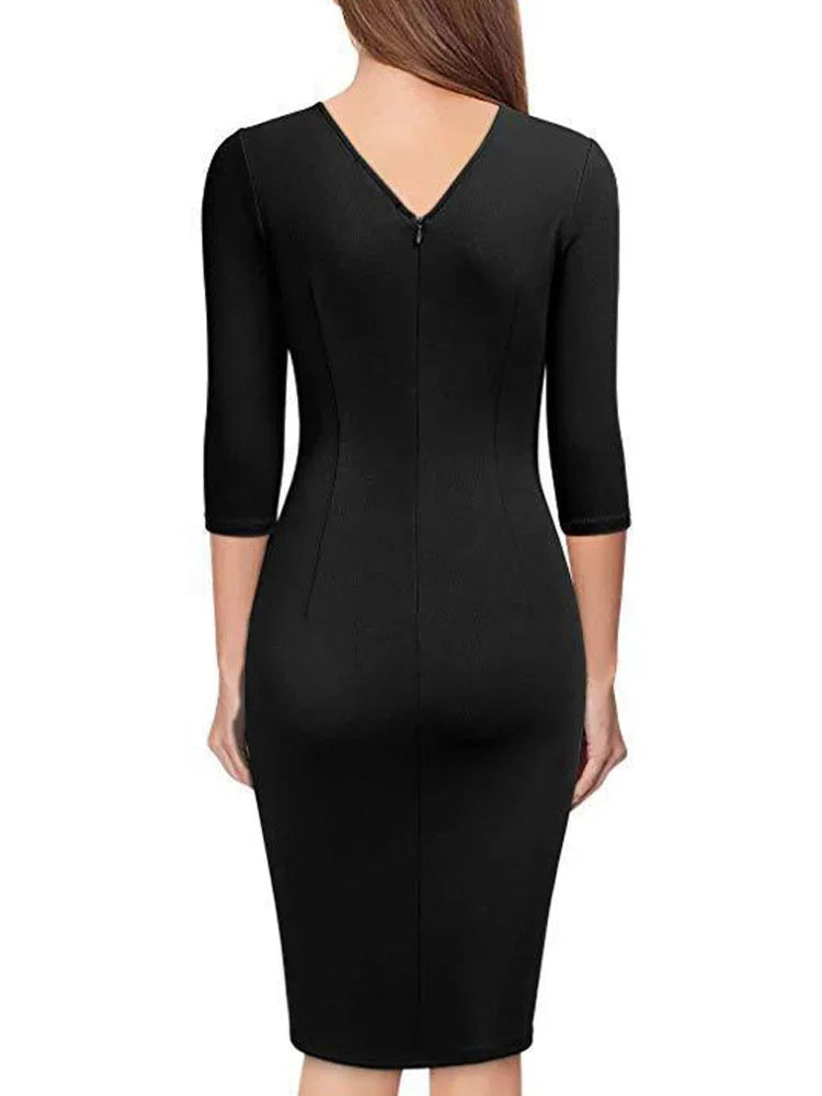 Elegant Fall Bodycon Short Dress Women Long Sleeve V Neck Slim Fit Work Robe Female OL Lady Solid Everyday Dresses