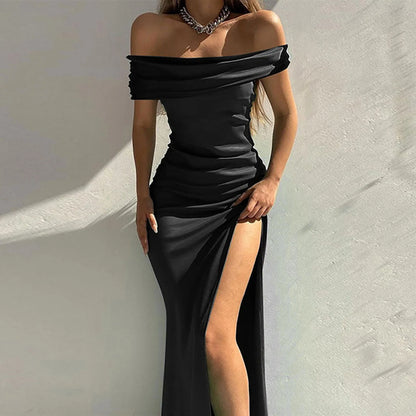 Velvet High Slit Sexy Formal Occasion Dress Women Off Shoulder Prom Dress Solid Short Sleeve Evening Party Dress With Ruffles