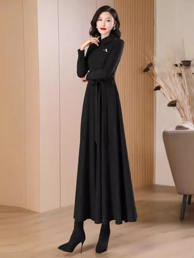 New Women Black Woolen Dress Autumn Winter Fashion Peter pan Collar Long Sleeve Wool Blends Long Dress Elegant Slim Dress