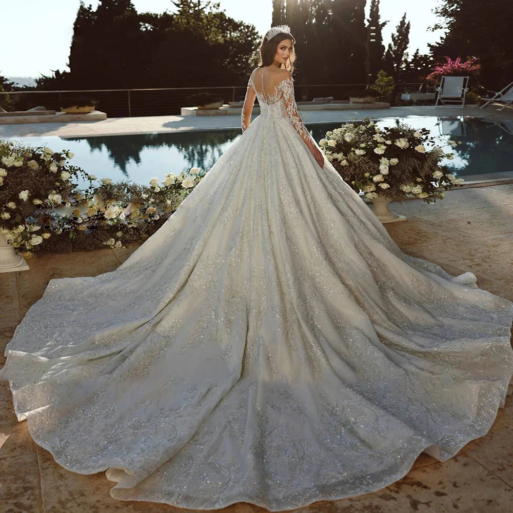 2024 Luxury Ball Gown Wedding Dress  Full Sleeves Lace Appliques Bride Dresses Custom Made High Quality Princess Women Clothing