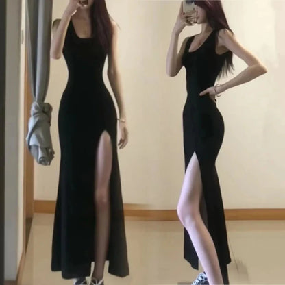 Rimocy Sexy High Split Spaghetti Strap Dress Women 2024 Summer Black Bodycon Dresses Woman Sleeveless Party Long Dress Ladies