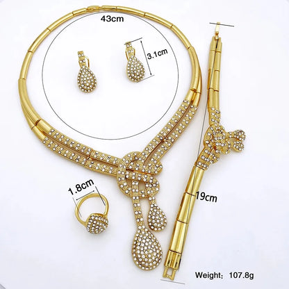 Parure de bijoux pour femmes couleur or de Dubaï, design classique, collier, boucles d'oreilles, bracelet à breloques, bague, bijoux de fête de banquet, plaqué or 18 carats