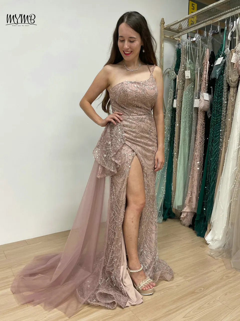 MYMB Pink Luxury One Shoulder Mermaid High Slit Evening Formal Dress with Side Train Sxey Spaghetti Strap Beaded Prom Party Gown