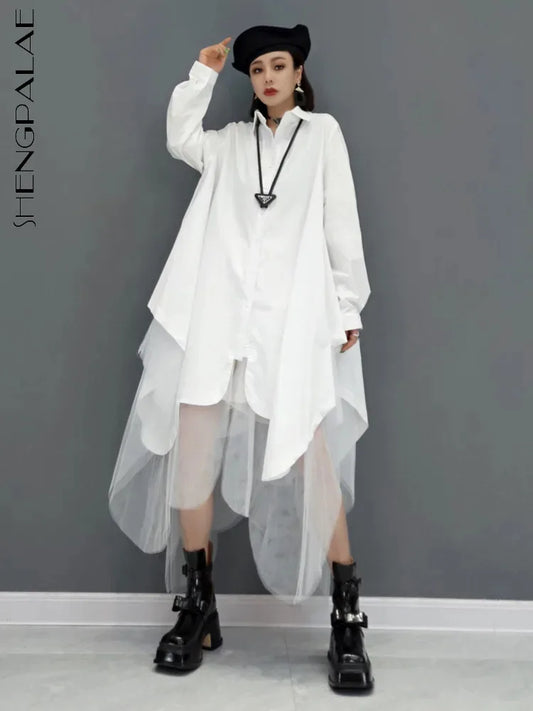 SHENGPALAE Mesh Splicing Oversized Long Sleeve Dress Women's 2024 Spring Summer New Fashion Tide Solid Color Shirt Dresses 5R956