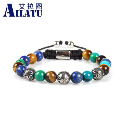 Pulsera de bolas de acero inoxidable de marca Ailatu de 10 piezas para hombre con cuentas de madera y piedra natural. Servicio de logotipo gratuito de alta calidad