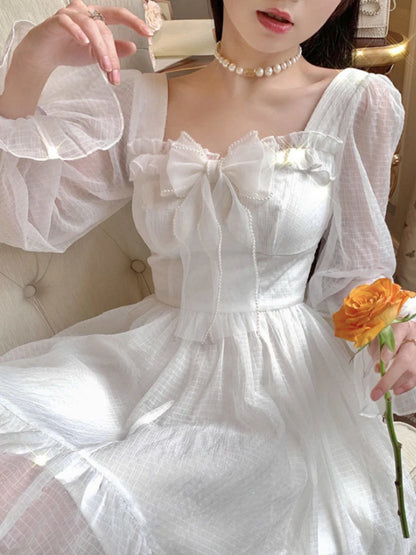 HOUZHOU White Kawaii Dress Women Chiffon Lolita Style Long Sleeve Mini Dresses Bow Fairy Robe Ruffles Patchwork Square Collar