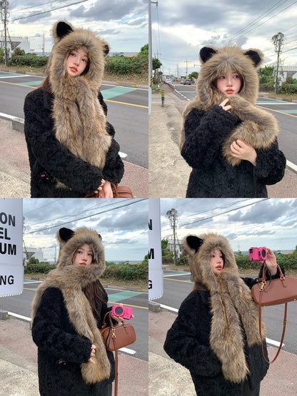 New Autumn And Winter Raccoon Fur Weaving Foreign Style Wild Outdoor Cold And Windproof Hat Scarf One-Piece Knitted Cap