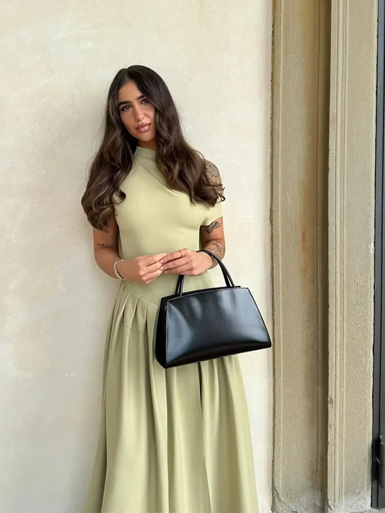 Women Elegant Green Irregular Pleated Dress O Neck Patchwork Short Sleeve Long Dresses 2024 Sexy Casual Office Lady Street wear