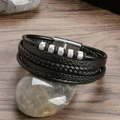 Pulsera de cuero de acero inoxidable para hombre, pulsera de cuentas clásica multicapa tejida a mano, joyería de moda para hombre, venta al por mayor, envío directo