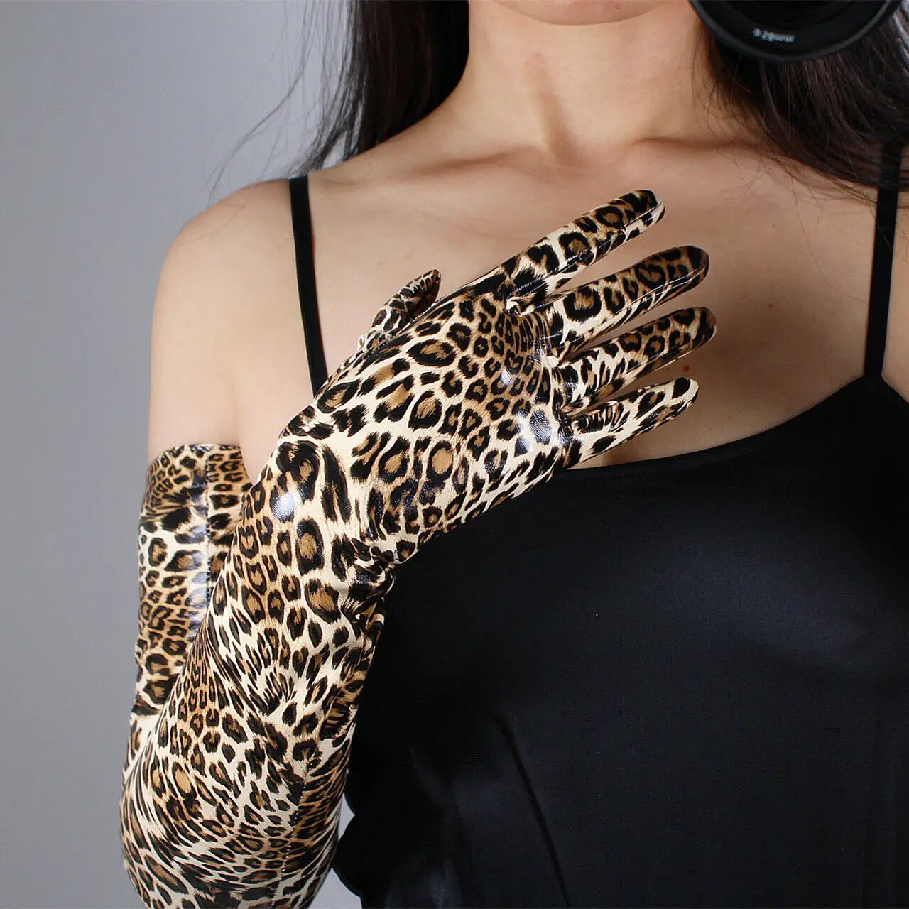 DooWay Animal Print Leopard GLOVES Brown Shine Latex Faux Leather 70cm Long Opera Evening Fashion Club Halloween Costume Glove