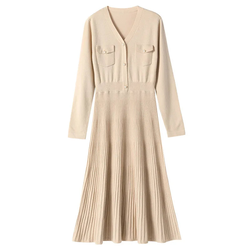 Birdtree 33% laine de mouton automne atmosphère superposition robe pour femmes à manches longues mi-longueur vêtements d'extérieur élégante robe plissée D3N170QC