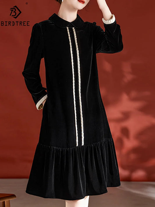 BirdTree, robes élégantes en velours de soie véritable, robe à manches longues froncée à revers pour femmes, robe rétro OL Commute, été automne 2024 D47111QM