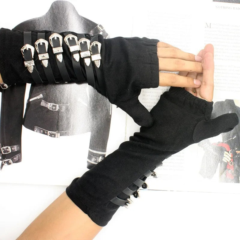 Guantes de punk rock hechos a mano con hebilla de metal y puños de Diana Dirty de Michael Tour, de algodón negro, para adultos