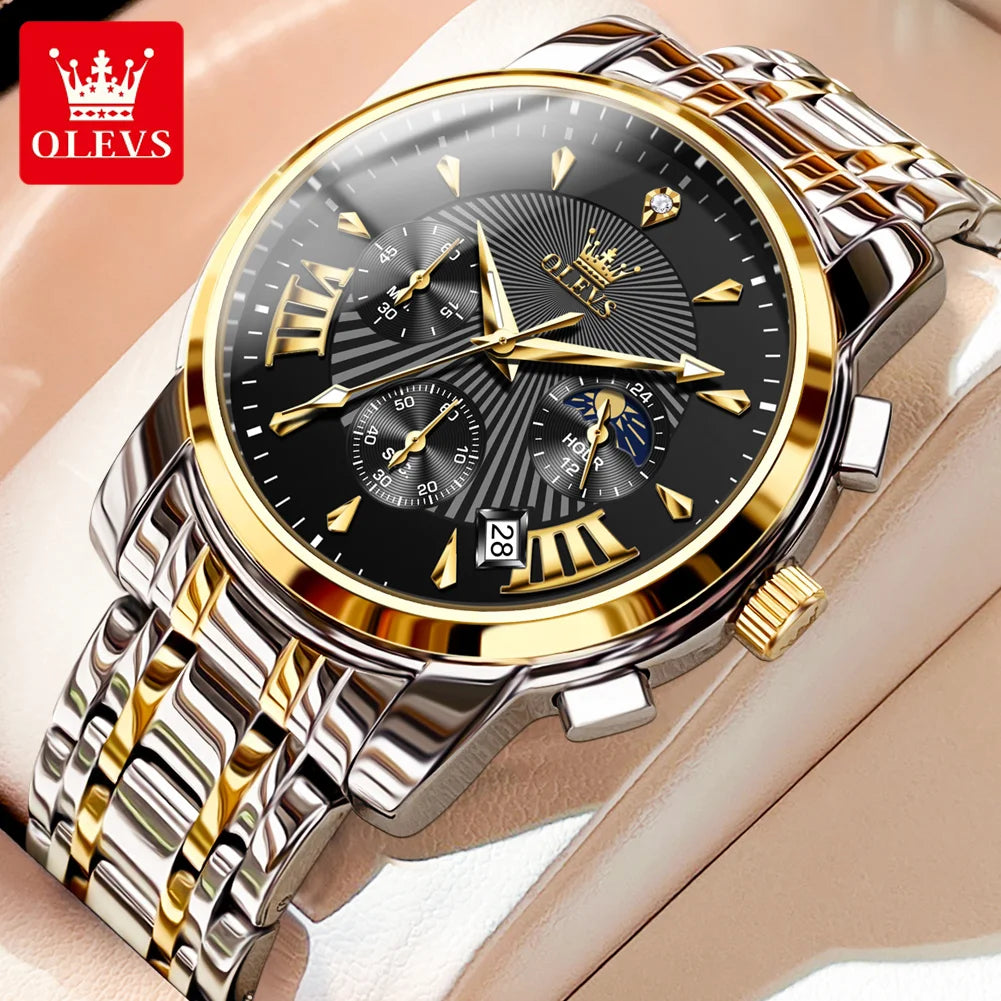 Relojes para hombre OLEVS, marca superior, cronógrafo multifuncional, reloj de pulsera original de cuarzo para hombre, resistente al agua, luminoso, fecha y luna