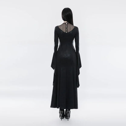 PUNK RAVE  Gothic High Cross Crackle Split Long Dress Collar Buttons Vintage Lace Decals Knit Mesh Hem Women Black Clothing